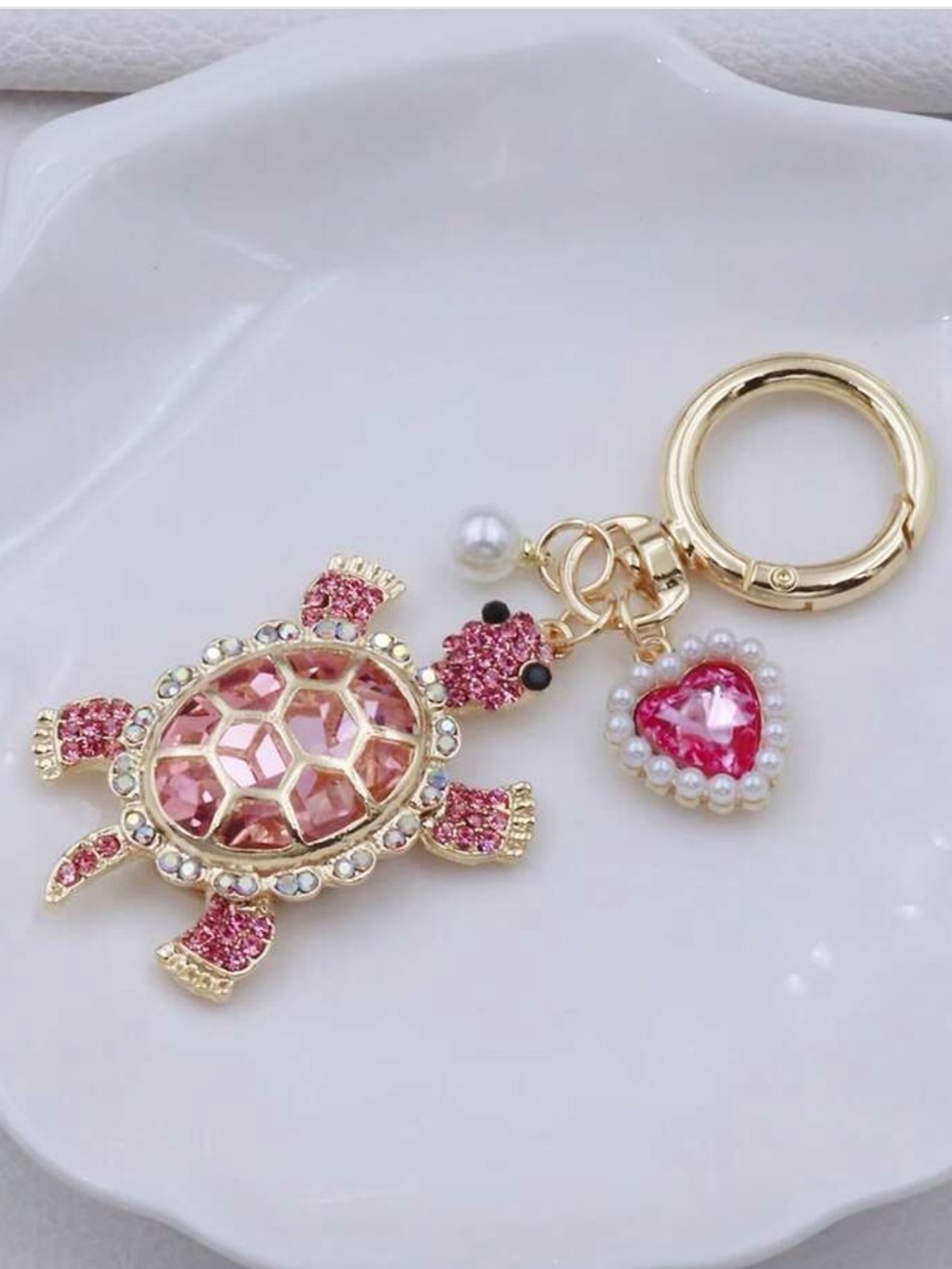 New  Gold-Tone Pink Crystal Turtle Keychain with Heart Charm and Pearl